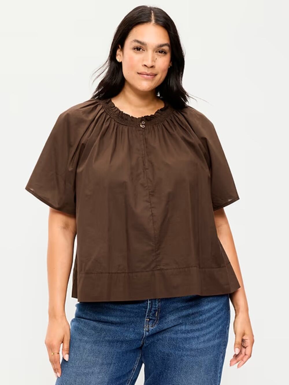 NEW Gap Blouse Women's Brown Short Sleeve Ruffle Button Boxy Size L Tall